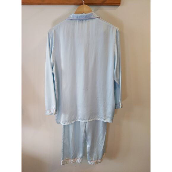 Korean Silk Pajama Set Blue Floral Embroidered Long Sleeve Size M Asian XXL - Picture 2 of 7